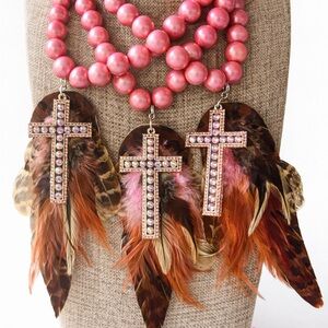 Pink Beaded Howlite Necklace with Feather Cross Rhinestone Gypsy South